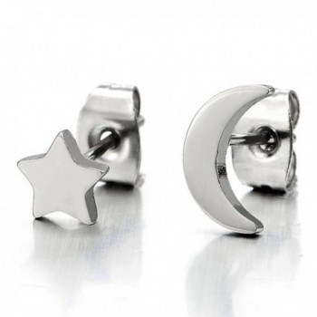 Pair Stainless Steel Moon and Star Plain Stud Earrings for Womens and Girls - CZ12MEDV9Y3