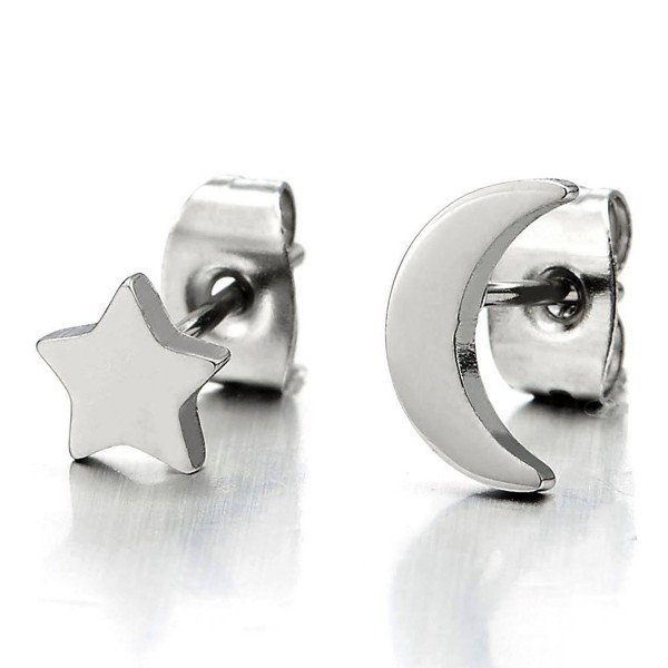 Pair Stainless Steel Moon and Star Plain Stud Earrings for Womens and Girls - CZ12MEDV9Y3