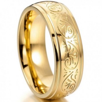 MOWOM Gold Tone 7mm Stainless Steel Ring Band Engraved Florentine Design - CH121IEUDVJ