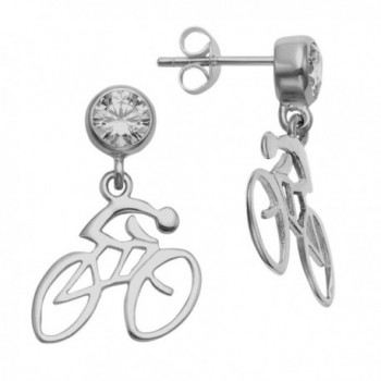 Sterling Silver Road Bike w/Rider Dangle Stud Earrings w/Crystal Stones - C211OW5XHUB