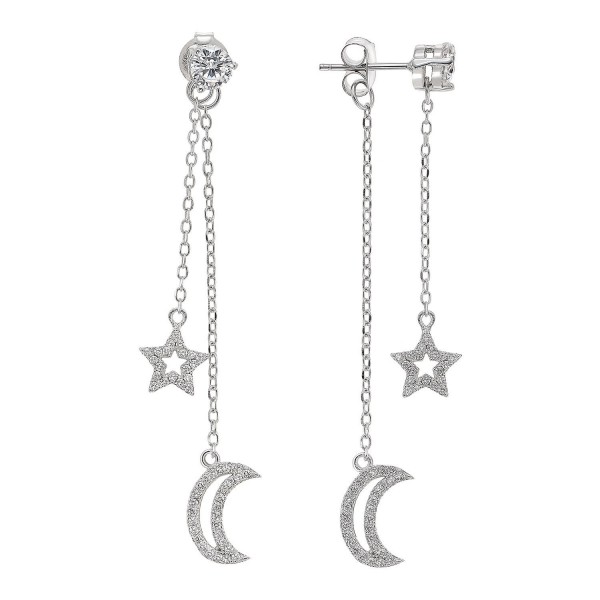 Sterling Silver Solitaire CZ with Star and Moon Pave CZ Drop Dangle Earrings - CH12I6A62A7