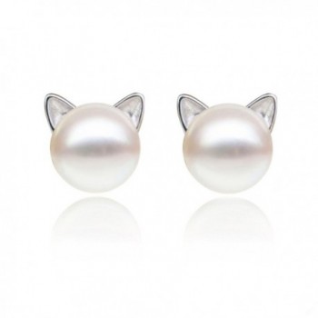 S.Leaf Cat Ear Stud Earrings Freshwater Cultured Pearl Stud Earrings Sterling Silver Ear Studs - A white - C61202J2GON