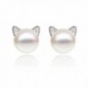 S.Leaf Cat Ear Stud Earrings Freshwater Cultured Pearl Stud Earrings Sterling Silver Ear Studs - A white - C61202J2GON