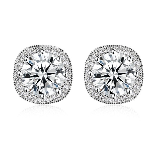 Jane Stone Sterling Silver S925 Halo Stud Earrings with Cubic Zirconia - Silver - CF186E4DU4K