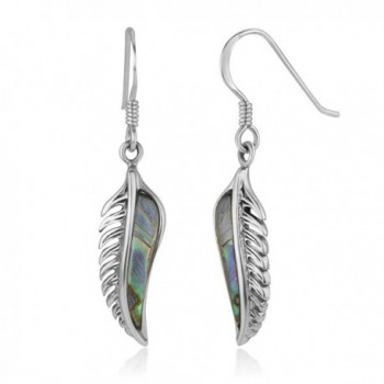 925 Oxidized Sterling Silver Vintage Natural Abalone Feather Dangle Hook Earrings 1.5" - CE182YR7SLL