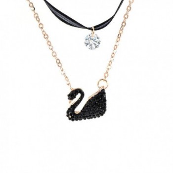 Black and Gold 2 Layer Diamond Studded Swan Charms Lace Alice Choker Necklace 13 Inch - C912HKHGBM3