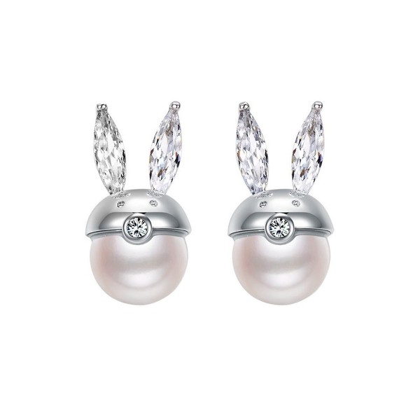 Rabbit Ear White Zircon Stud Earrings Freshwater Cultured Pearl Stud Earrings Sterling Silver Studs - CB188MQ665D