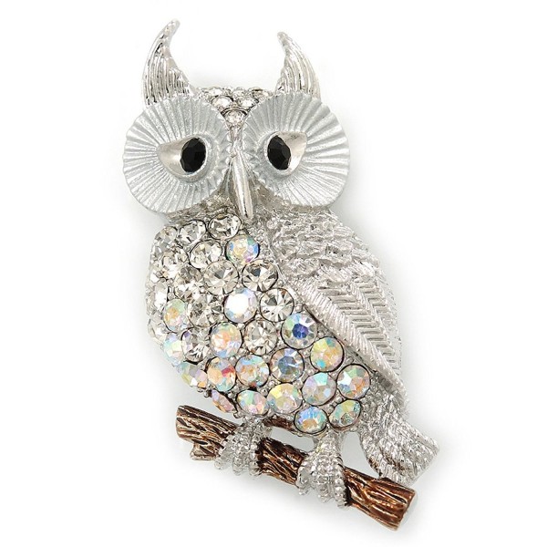 Clear- AB Swarovski Crystal Owl Brooch/ Pendant In Rhodium Plating - 40mm Length - C611JHIQSIB