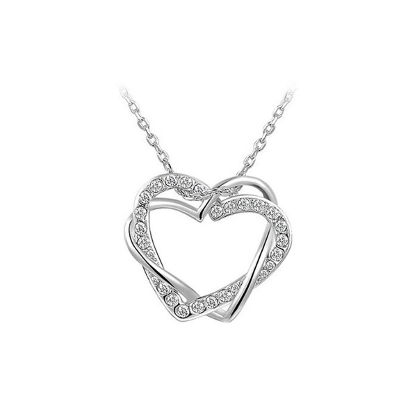 Bling Stars Double Heart Interlocking Crystal Pendant Plated Platinum Necklace - White - CK12FQK9T8T