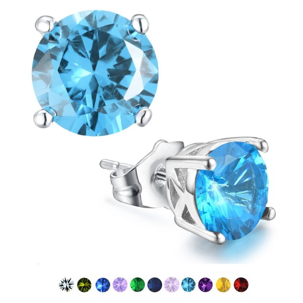 Stud Earrings-Casfine Silver Birthstone Round AAA Cubic Zirconia Diamond Earrings for Women - Mar-Aquamarine - CL188E5NXNO