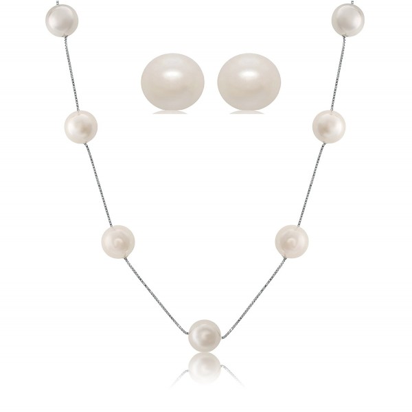 Sterling Silver White Shell Pearl Station Necklace Earrings- Gift Boxed Set (11-12 mm) - C6116QZO3GH