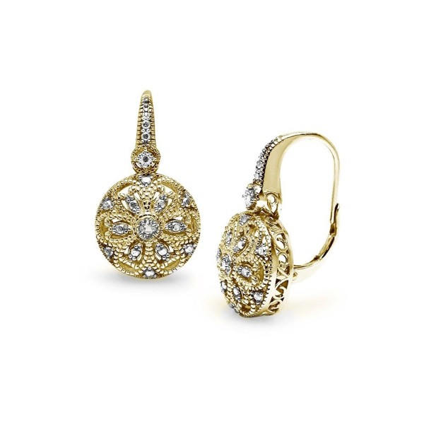 Yellow Gold Flashed Sterling Silver Round Filigree Diamond Accent Leverback Drop Earrings- IJ-I3 - CO17Z4N84AX