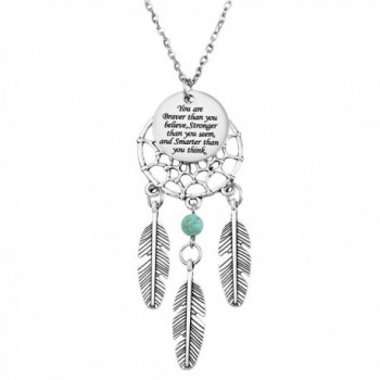 MJARTORIA Women's Dangling Feather Charms Filigree Tribal Dreamcatcher Pendant Chain Necklace - Engraved - C512NZU58RJ