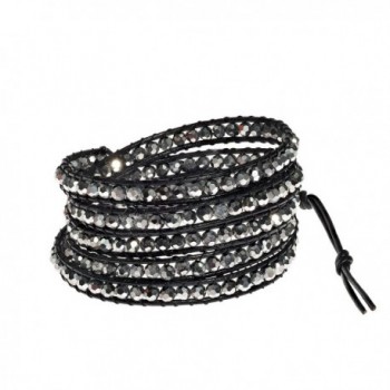 Mystique Silver Fashion Crystal Five Black Leather Wrap Bracelet - CU11EKDSZPR