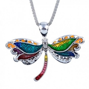 DianaL Boutique Large Colorful Enameled Dragonfly Pendant Necklace on 20" Mesh Chain Fashion Jewelry - CK12C9PRPL7