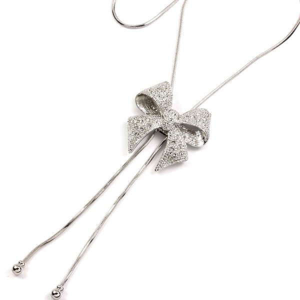 FC JORY White Gold Plated lariat CZ Bow Sweater Y Adjustable Rope Slider Stopper Chain Necklace - C811DZLWMG3