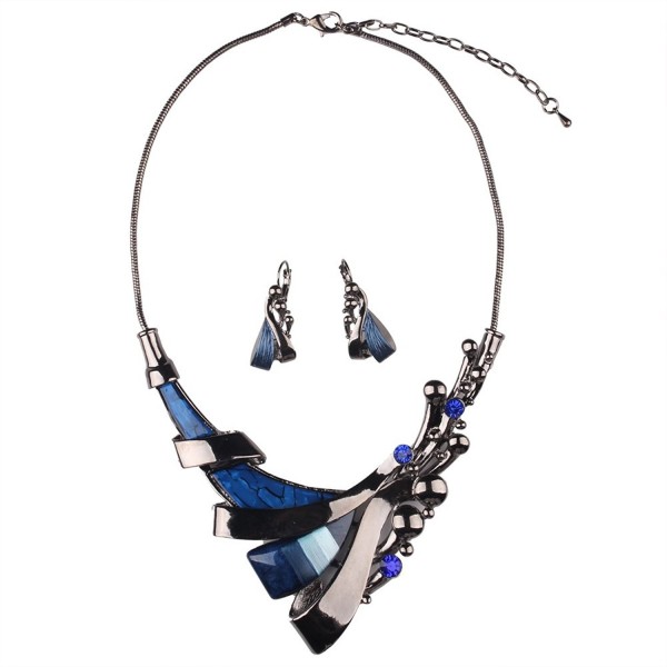 Hamer Women's Blue Alloy Resin Geometry Statement Necklace with Earrings for Party Daily Use Jewelry Sets - CR125GUHRH9