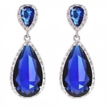 FC JORY White Gold Plated Pear Multi-color Crystal CZ Gem Teadrop Halo Earring - Blue - CJ11APQXI7H