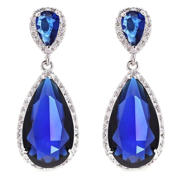 FC JORY White Gold Plated Pear Multi-color Crystal CZ Gem Teadrop Halo Earring - Blue - CJ11APQXI7H