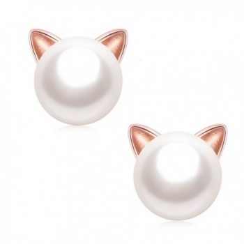 EVERU Women's 925 Sterling Silver Cute Cat Stud Earrings with AAA Freshwater Pearls - Rose Gold - CL184DEEMKK