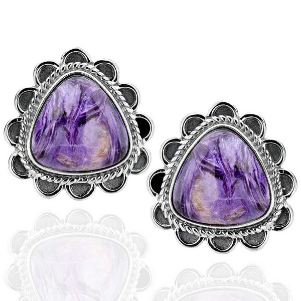 Sterling Silver Triangular Charoite Antique Finish Stud Earrings - CE12FZK37XD