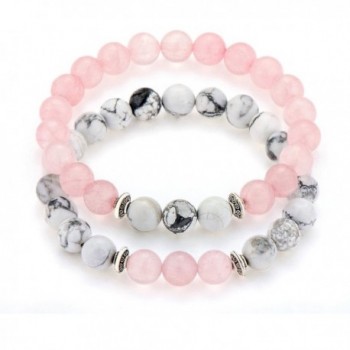 POSHFEEL Long Distance Couples Bracelets 8mm Howlite & Natural Stone Beads 2 Pieces- 7.5" - Pink - CT1836D8ZSG