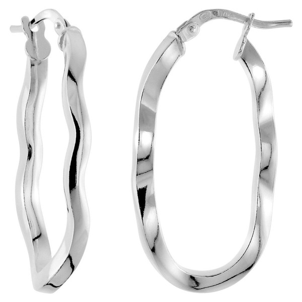 Sterling Silver Oval Hoop Earrings Wavy Square Tube Post Snap Closure Polished Italy Medium- 1 3/16 inch - CO182GO2QRG