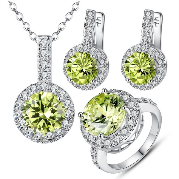 BAMOER White Gold Plated Green Cubic Zirconia Halo Earrings Necklace Ring Set for Women Girls CZ Jewelry Set - C111QYMQZAX