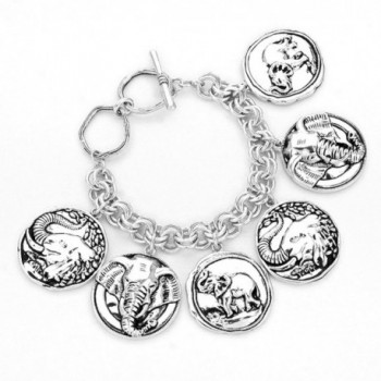 Women Fashion Silver Burnished Elephant Linked Coin Charm Bracelet - C312DU6HFZZ