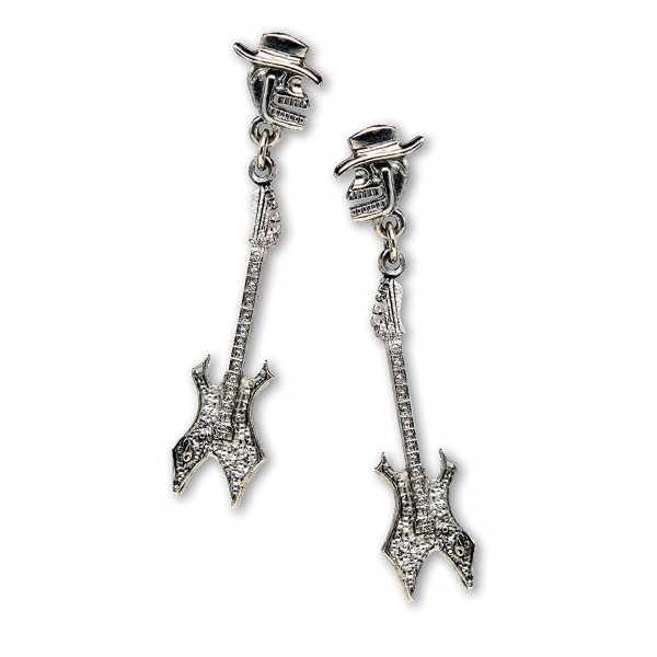 Gothic Musician Skull and Guitar with Posts Silver Finish Dangle Earrings - CY11DXGDWB9