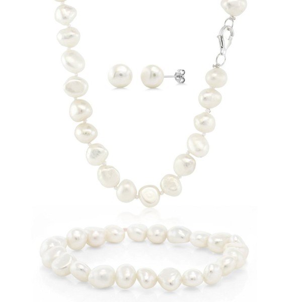 Cultured Freshwater White Pearl Sterling Silver Necklace Earrings Bracelet Set - C3115V6FHE9
