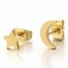 Pair Gold Color Moon and Star Stainless Steel Plain Stud Earrings for Women and Girls - CF12D390VZP