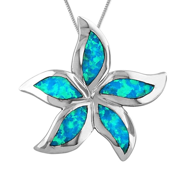 Sterling Silver Synthetic Blue Opal 1 Inch Starfish/Plumeria Pendant Necklace- 16+2" Extender - CX113ZSP5CJ