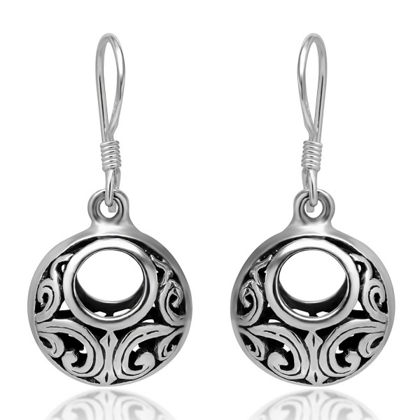 925 Oxidized Sterling Silver Bali Inspired Open Filigree Circle Dangle Hook Earrings - C2113F4EEON
