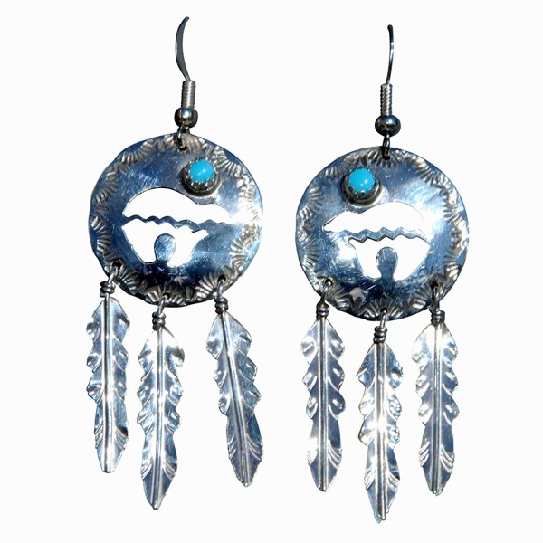 Bear & 3 Feathers Turquoise St. Silver Genuine Handcrafted Navajo Jewelry Concha Earrings - Medium Size - C912033CWVP
