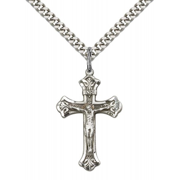 Sterling Silver Crucifix Pendant with 24" Stainless Steel Heavy Curb Chain. - CZ12836JL7R
