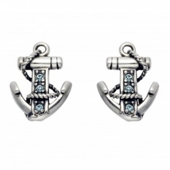 Sterling Silver Anchor Stud Earrings w/Aqua Crystal Stones - CD110771FXJ