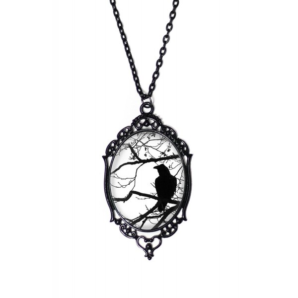 Black & White Raven and Tree Cameo Necklace with Black Antique Frame on 18" Chain - CX122O6NBUF