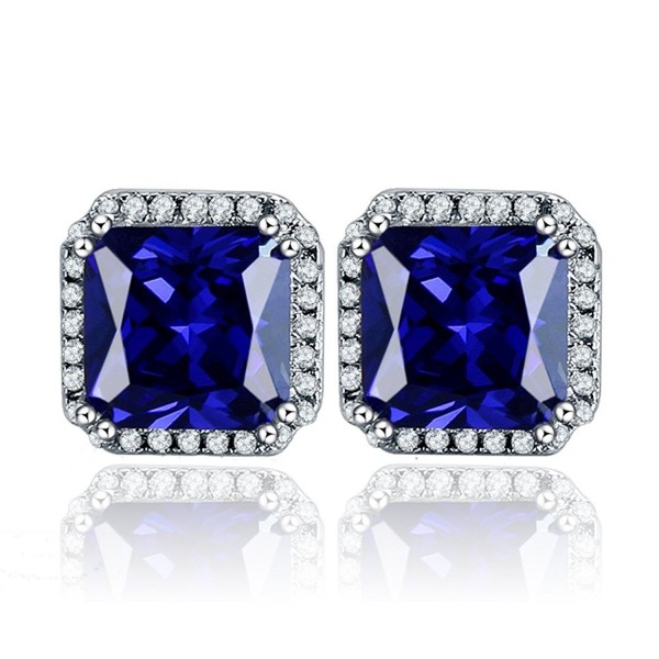 BONLAVIE 925 Sterling Silver 10mm Round Cut Clear Cubic Zirconia & Created Sapphire Halo Stud Earrings - Blue - C212IA8LL89