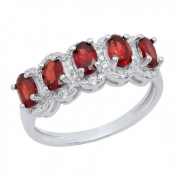 Sterling Silver 5X3 MM Oval Cut Garnet & Round Diamond Accent Ladies 5 Stone Bridal Engagement Ring - CE184G9SYWG