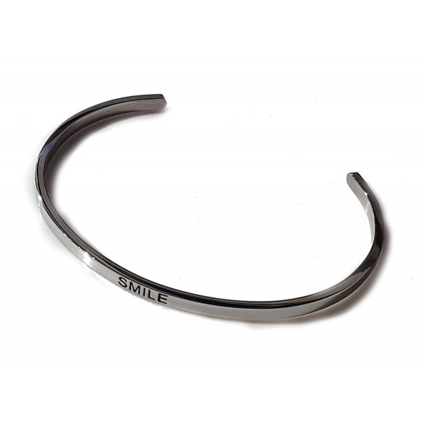 Stainless Steel Inspirational "Smile" Silver and Black Engraved Cuff Bracelet - CL12LHWYGI3