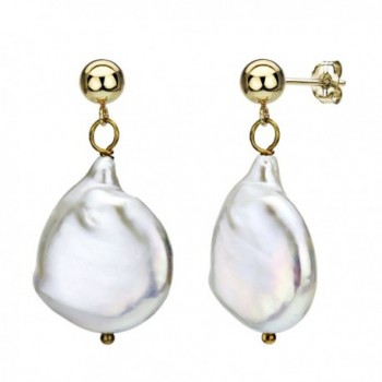 14k Yellow Gold 15-15.5mm White Semi-coin Baroque Freshwater Cultured Pearl Stud Earrings - C111FPXXTA1