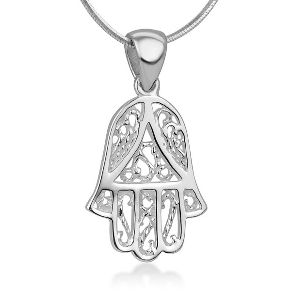 925 Sterling Silver Open Filigree Hamsa Hand of Fatima Rope Design Amulet Pendant Necklace 18" - CE12O442BW0