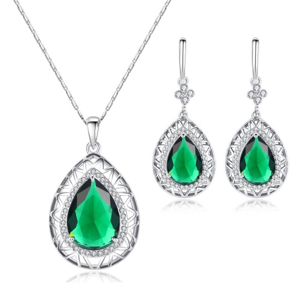 Kemstone Silver Tone Emerald Cubic Zirconia Dangle Earrings Pendant Necklace Jewelry Set- 20" - CT11YYRCLOP