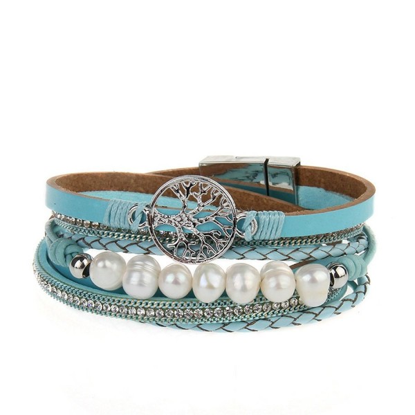Jenia Leather Bracelet Pearl Wristband - rope wrap bracelet-blue - C918539Q969