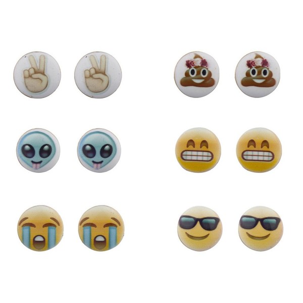 Lux Accessories Emoji Smiley Faces Alien Peace Sign Multi Earring Stud Set 6PC - C612LV66OCB