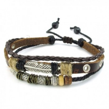 TEMEGO Jewelry Mens Womens Leather Bracelet- Leaf Charm Wrap Bangle- Fits 7-9 Inch- Brown Silver - CS11AXWVXSJ