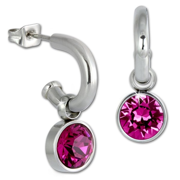 Amello Stainless steel hoop earrings with a hanging dark pink Swarovski element- original Amello ESOS02P - CY11G61VJG3