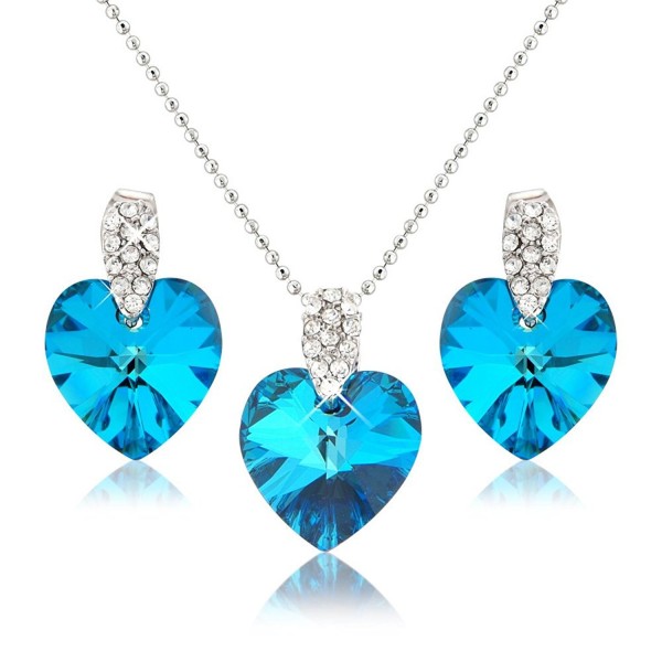 Ocean Blue Heart Necklace and Earring Set - Swarovski Elements Crystals - Silver Tone - Gift Present for Her - CP118Y6M3OF