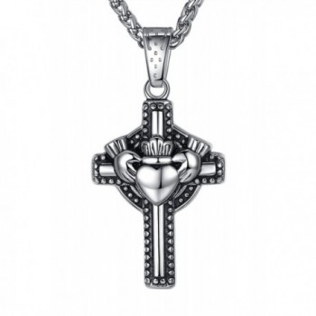 Stainless Steel Friendship Love Heart Claddagh Cross Unisex Pendant Necklace- 24" Link Chain- aap005 - CB1269MISTT